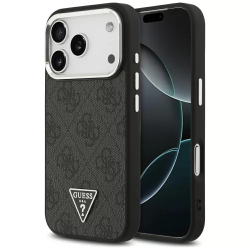 Guess Case Magsafe 4G PU Leather Case Triangle Logo And tok, szürke Metal Camera Frame iPhone 17 Pro tok, fekete