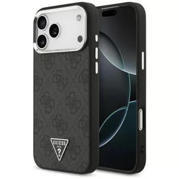   Guess Case Magsafe 4G PU Leather Case Triangle Logo And tok, szürke Metal Camera Frame iPhone 17 Pro Max tok, fekete