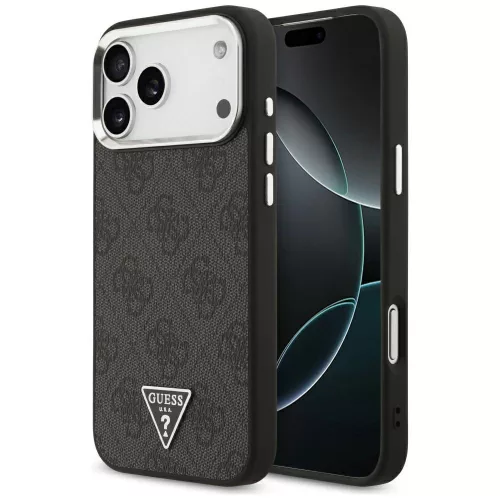 Guess Case Magsafe 4G PU Leather Case Triangle Logo And tok, szürke Metal Camera Frame iPhone 17 Pro Max tok, fekete
