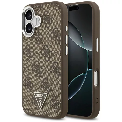 Guess Case Magsafe 4G PU Leather Case Triangle Logo And tok, szürke Metal Camera Frame iPhone 17 tok, barna