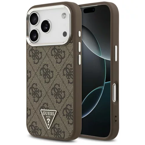 Guess Case Magsafe 4G PU Leather Case Triangle Logo And tok, szürke Metal Camera Frame iPhone 17 Pro tok, barna