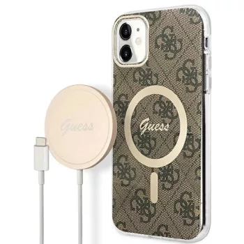   Guess set case + charger for iPhone 11 6,1" GUBPN61H4EACSW brown hard case 4G Print MagSafe MagSafe töltő és tok, barna