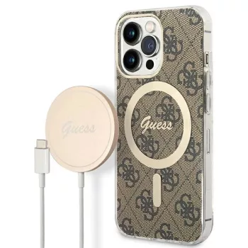   Guess Szett GUBPP13LH4EACSW Tok + Magsafe töltő iPhone 13 Pro hátlap, 4G Print, barna
