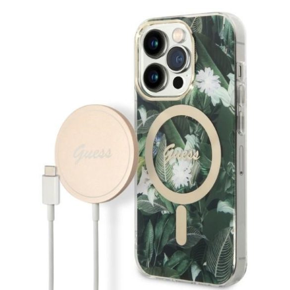 Guess iPhone 14 Pro Jungle MagSafe (GUBPP14LHJEACSA) hátlap, tok és Magsafe vezeték nélküli wireless töltő, zöld