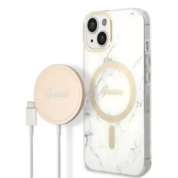   Guess Szett GUBPP14MHMEACSH Tok + Magsafe töltő iPhone 14 Plus 6.7" hátlap, Marble, fehér