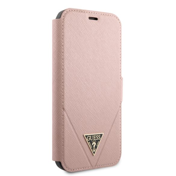 Guess iPhone 12 Pro Max Saffiano Triangle (GUFLBKP12LVSATMLPI) oldalra nyíló tok, rózsaszín