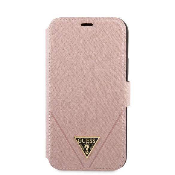 Guess iPhone 12 Pro Max Saffiano Triangle (GUFLBKP12LVSATMLPI) oldalra nyíló tok, rózsaszín