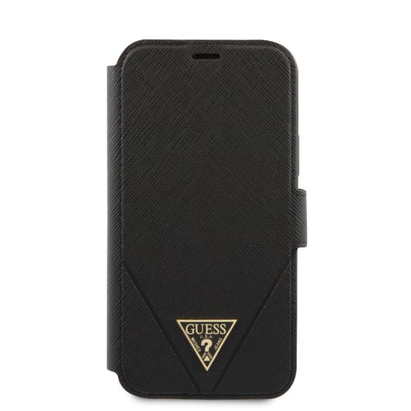 Guess iPhone 12/12 Pro Saffiano Triangle (GUFLBKP12MVSATMLBK) oldalra nyíló tok, fekete