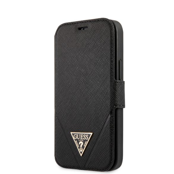 Guess iPhone 12 Mini 5,4" Saffiano Triangle (GUFLBKP12SVSATMLBK) oldalra nyíló tok, fekete