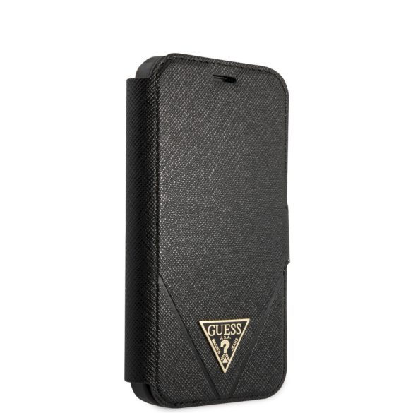 Guess iPhone 12 Mini 5,4" Saffiano Triangle (GUFLBKP12SVSATMLBK) oldalra nyíló tok, fekete