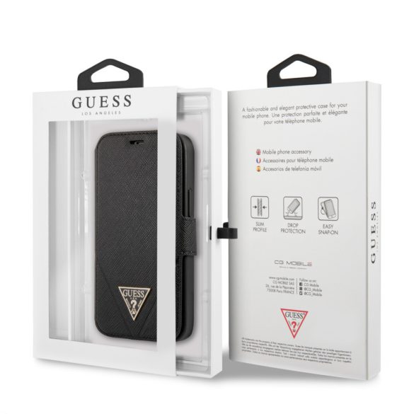 Guess iPhone 12 Mini 5,4" Saffiano Triangle (GUFLBKP12SVSATMLBK) oldalra nyíló tok, fekete