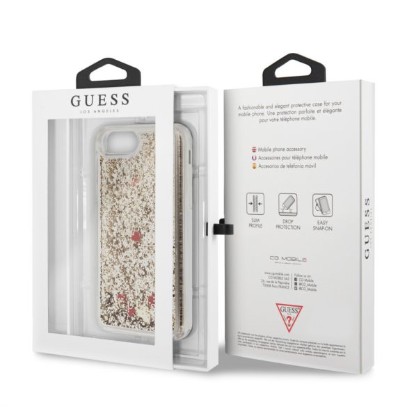 Guess iPhone 7/8/SE (2020) Glitter Floating Hearts, (GUHCI8GLHREGO) hátlap, tok, arany