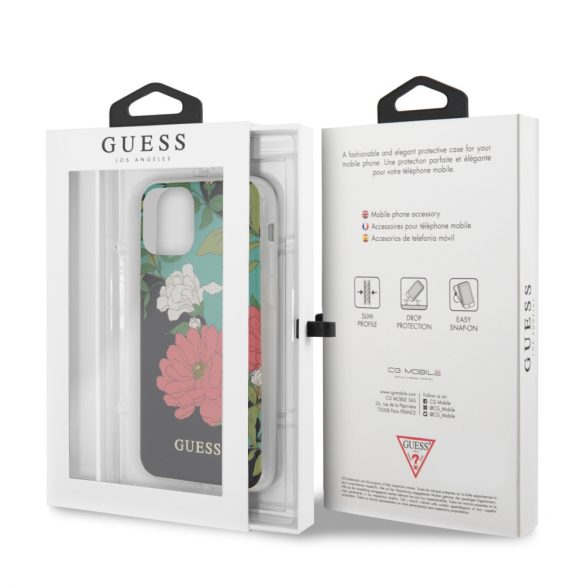 Guess iPhone 11 Pro Flower Shiny N.1 (GUHCN58IMLFL01) hátlap, tok, mintás, fekete