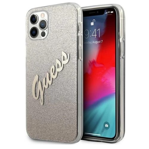 Guess GUHCP12LPCUGLSGO iPhone 12 Pro Max 6.7" hátlap, tok Glitter Gradient Script, arany