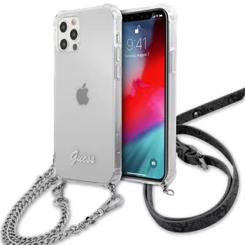   Guess GUHCP12MKC4GSSI iPhone 12/12 Pro 6.1" hátlap, tok 4G, ezüst Chain, átlátszó