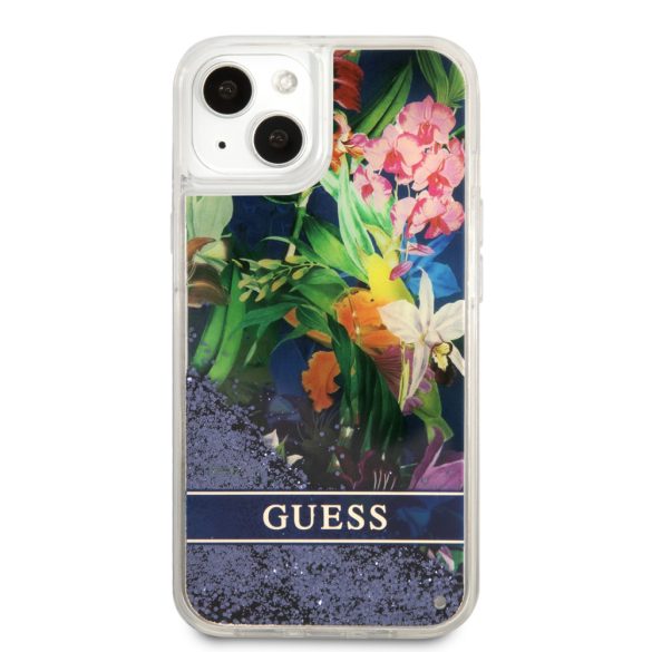 Guess iPhone 13 Mini Liquid Glitter Flower (GUHCP13SLFLSB) hátlap, tok, kék