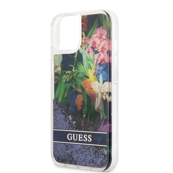 Guess iPhone 13 Mini Liquid Glitter Flower (GUHCP13SLFLSB) hátlap, tok, kék