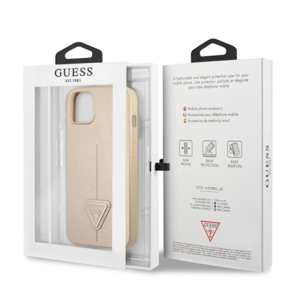 Guess iPhone 13 Mini Saffiano Triangle (GUHCP13SPSATLE) hátlap, tok, bézs