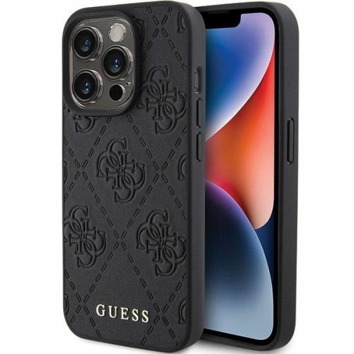Guess Leather 4G Stamped hátlap, tok iPhone 15 Pro, fekete