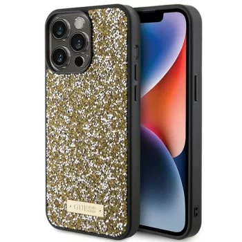   Guess Rhinestone Metal Logo hátlap, tok iPhone 15 Pro, sárga
