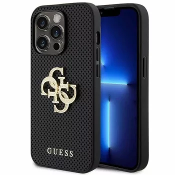   Guess Leather Perforated 4G Glitter Logo hátlap, tok iPhone 15 Pro, fekete
