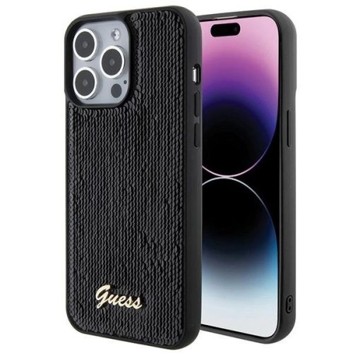 Guess Sequin Script Metal hátlap, tok iPhone 15 Pro Max, fekete
