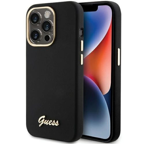Guess Silicone Script Metal Logo & Frame hátlap, tok iPhone 15 Pro Max, fekete