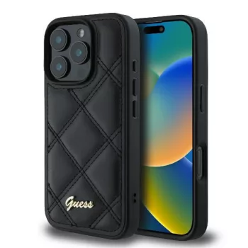   Guess GUHCP16LPSQQSQSK iPhone 16 Pro 6.3" fekete keménytok steppelt fém logóval