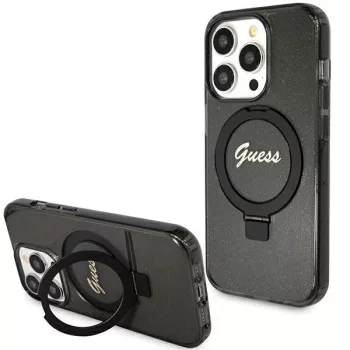   Guess Ring Stand Script Glitter MagSafe hátlap, tok iPhone 15 Pro, fekete
