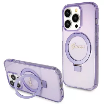   Guess Ring Stand Script Glitter MagSafe hátlap, tok iPhone 15 Pro, lila