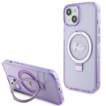   Guess Ring Stand Script Glitter MagSafe hátlap, tok iPhone 15 Plus/14 Plus, lila