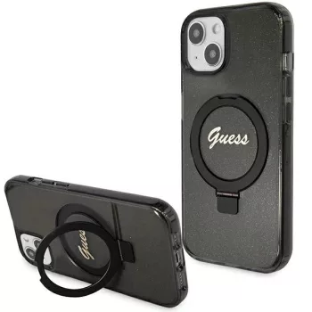   Guess Ring Stand Script Glitter MagSafe hátlap, tok iPhone 15, fekete