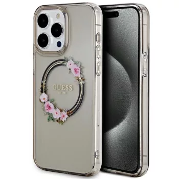   Guess GUHMP15XHFWFCK iPhone 15 Pro Max 6.7" hátlap, tok IML Flowers Wreatch MagSafe, fekete