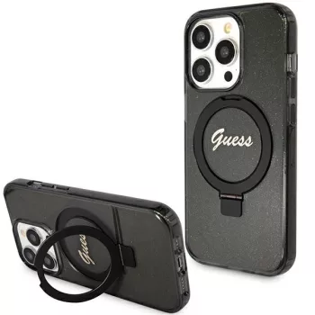   Guess iPhone 15 Pro Max Ring Stand Script Glitter MagSafe (GUHMP15XHRSGSK) MagSafe hátlap, tok, kitámasztóval, fekete