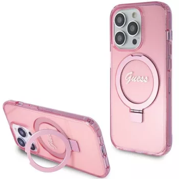   Guess iPhone 15 Pro Max Ring Stand Script Glitter MagSafe (GUHMP15XHRSGSP) MagSafe hátlap, tok, kitámasztóval, rózsaszín