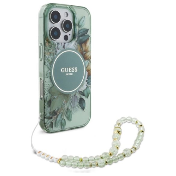 Guess iPhone 16 Pro Magsafe IML Flowers With Pearl Strap (GUHMP16LHFWBRCESN) Magsafe kompatibilis hátlap, tok, zöld