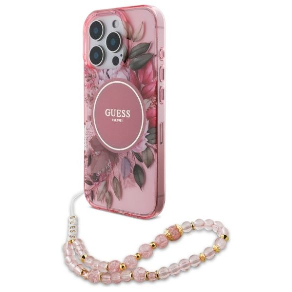 Guess iPhone 16 Pro Magsafe IML Flowers With Pearl Strap (GUHMP16LHFWBRCESP) Magsafe kompatibilis hátlap, tok, rózsaszín