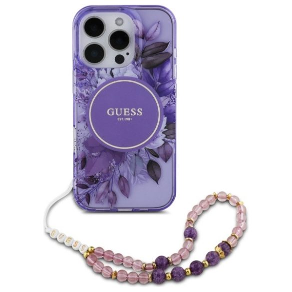 Guess iPhone 16 Pro Magsafe IML Flowers With Pearl (GUHMP16LHFWBRCESU) Magsafe kompatibilis hátlap, tok, lila