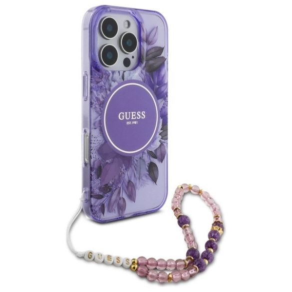 Guess iPhone 16 Pro Magsafe IML Flowers With Pearl (GUHMP16LHFWBRCESU) Magsafe kompatibilis hátlap, tok, lila