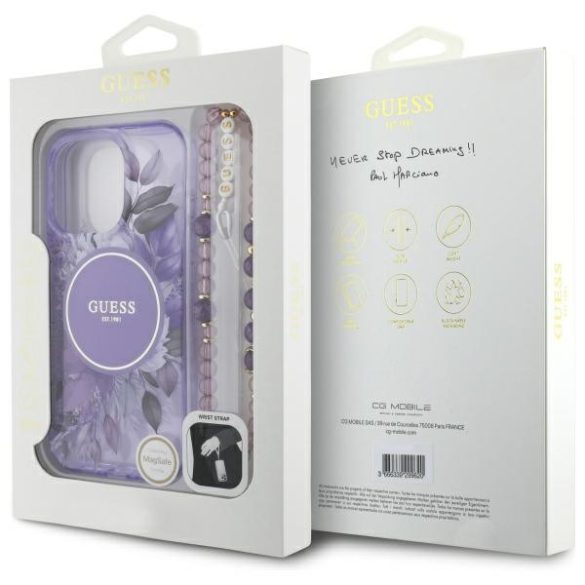 Guess iPhone 16 Pro Magsafe IML Flowers With Pearl (GUHMP16LHFWBRCESU) Magsafe kompatibilis hátlap, tok, lila