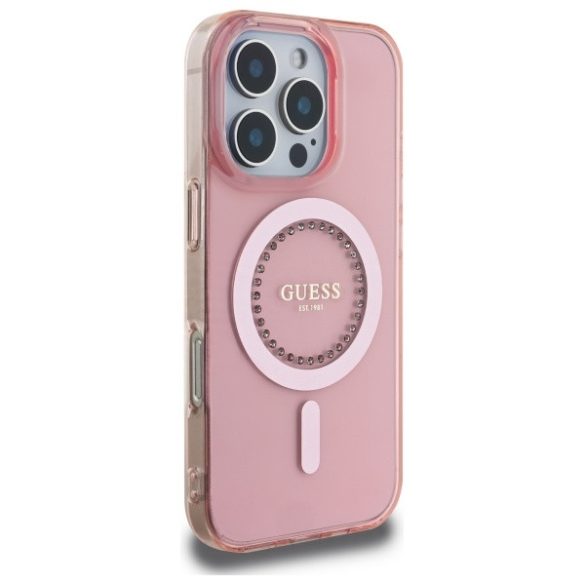 Guess iPhone 16 Pro Magsafe IML Rhinestones (GUHMP16LPFTDTEP) Magsafe kompatibilis hátlap, tok, rózsaszín