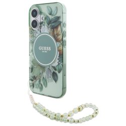   Guess iPhone 16 Plus Magsafe IML Flowers With Pearl Strap (GUHMP16MHFWBRCESN) Magsafe kompatibilis hátlap, tok, zöld