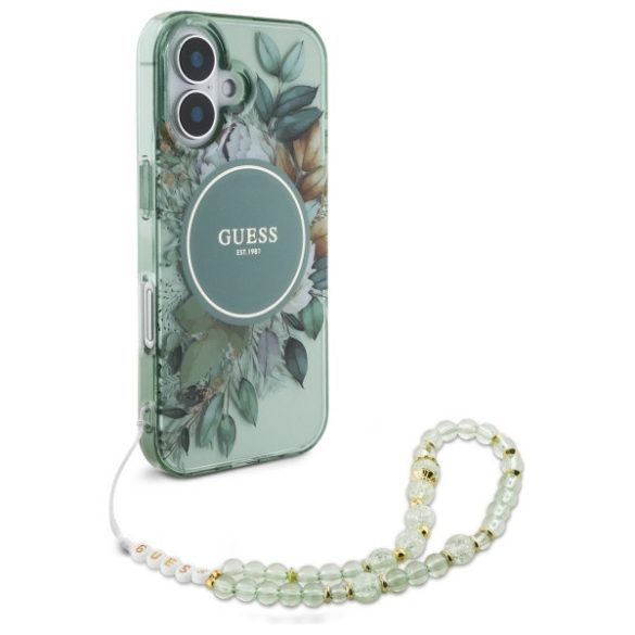 Guess iPhone 16 Plus Magsafe IML Flowers With Pearl Strap (GUHMP16MHFWBRCESN) Magsafe kompatibilis hátlap, tok, zöld