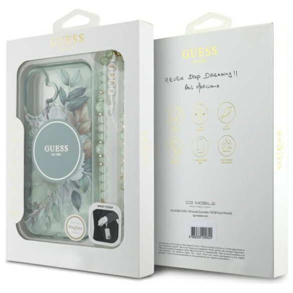 Guess iPhone 16 Plus Magsafe IML Flowers With Pearl Strap (GUHMP16MHFWBRCESN) Magsafe kompatibilis hátlap, tok, zöld