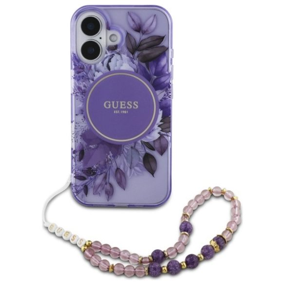 Guess iPhone 16 Plus Magsafe IML Flowers With Pearl Strap (GUHMP16MHFWBRCESU) Magsafe kompatibilis hátlap, tok, lila