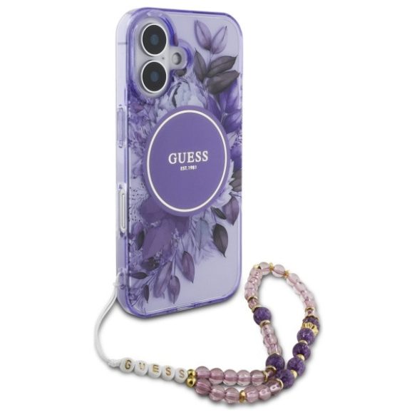 Guess iPhone 16 Plus Magsafe IML Flowers With Pearl Strap (GUHMP16MHFWBRCESU) Magsafe kompatibilis hátlap, tok, lila