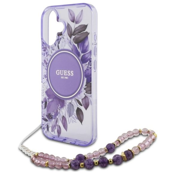 Guess iPhone 16 Plus Magsafe IML Flowers With Pearl Strap (GUHMP16MHFWBRCESU) Magsafe kompatibilis hátlap, tok, lila