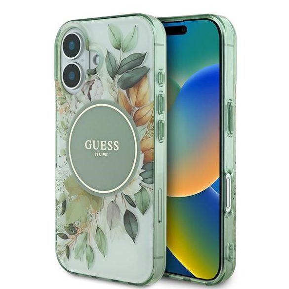 Guess iPhone 16 Magsafe IML Flower & Tonal Circle (GUHMP16SHFWBDCEN) Magsafe kompatibilis hátlap, tok, zöld