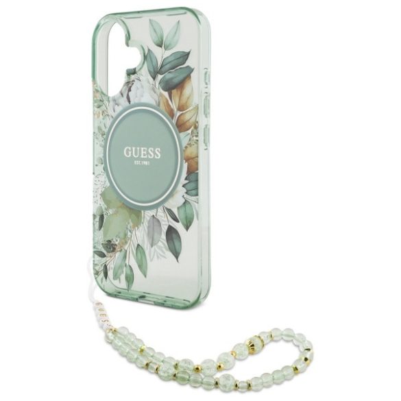 Guess iPhone 16 Magsafe IML Flowers With Pearl Strap (GUHMP16SHFWBRCESN) Magsafe kompatibilis hátlap, tok, zöld