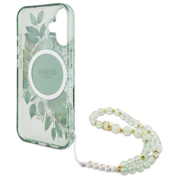 Guess iPhone 16 Magsafe IML Flowers With Pearl Strap (GUHMP16SHFWBRCESN) Magsafe kompatibilis hátlap, tok, zöld